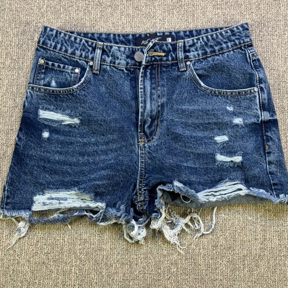 Blue Age Distressed Denim Shorts Women‎ Large Dark Wash Cut Off Frayed JS-2021